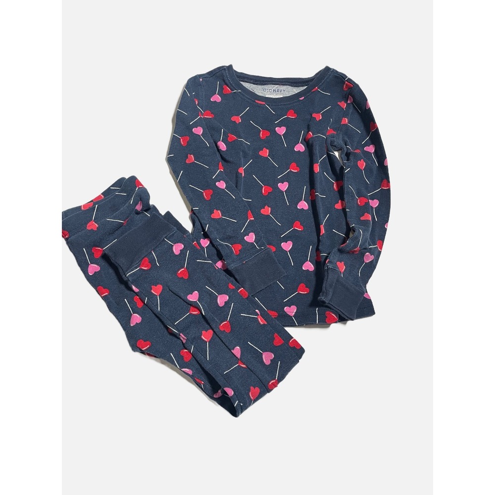 Old Navy Pajama Set Kids 6T Navy Heart Lollipop Print Snug Fit Valentines Day